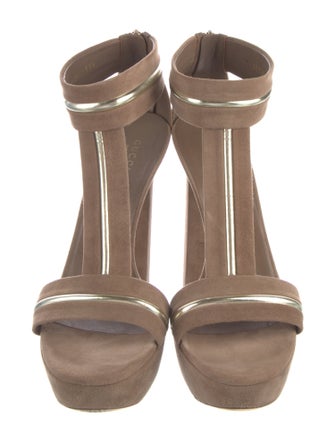 Gucci Suede Leather Trim Embellishment T-Strap Sandals