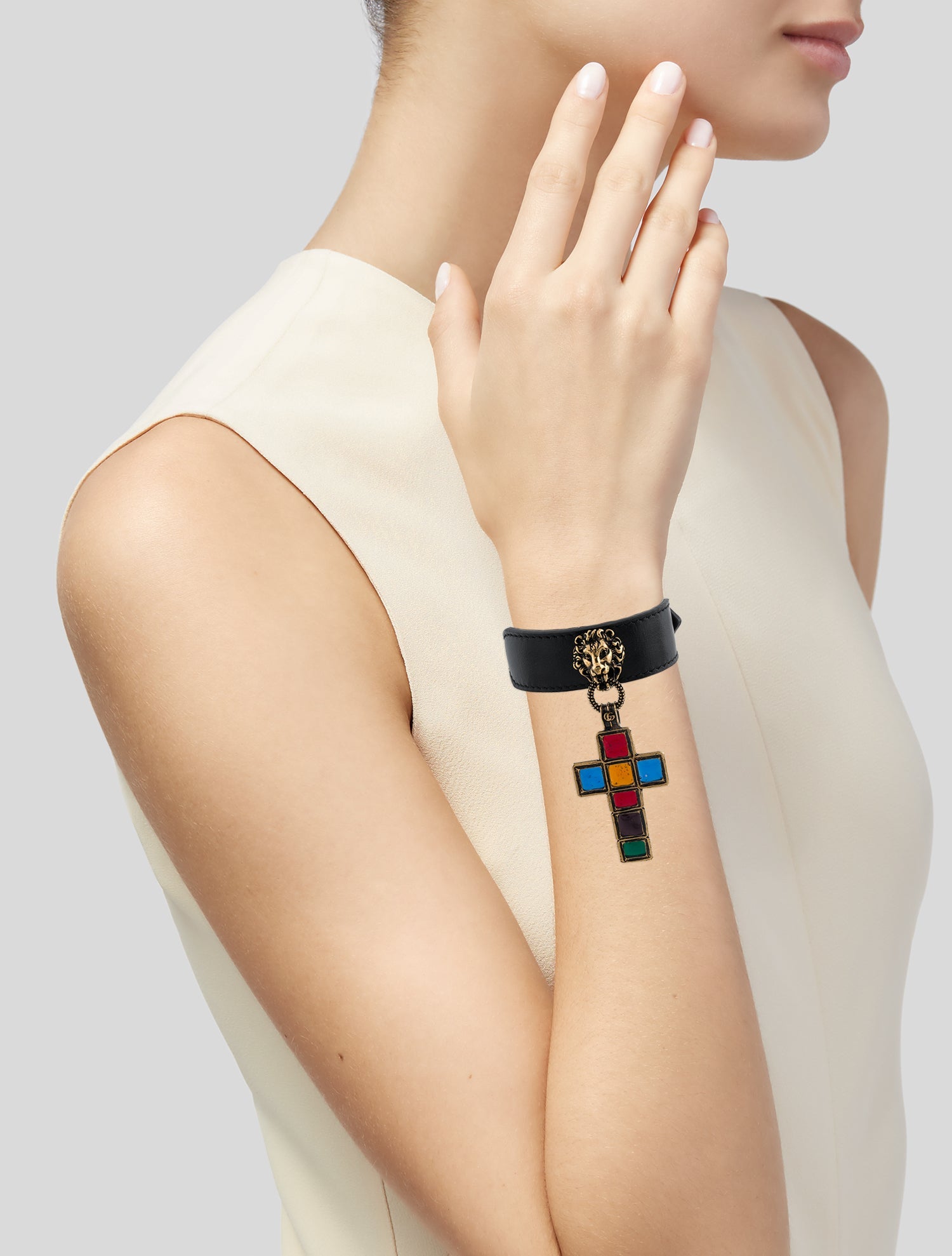 Gucci Leather Lion Head Cross Wrap Bracelet