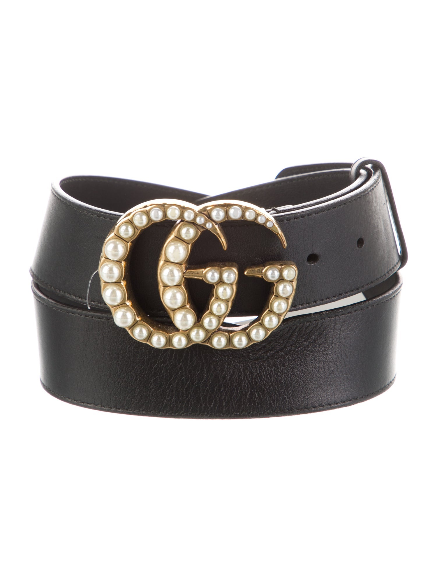 Gucci Faux Pearl Accents Leather Belt