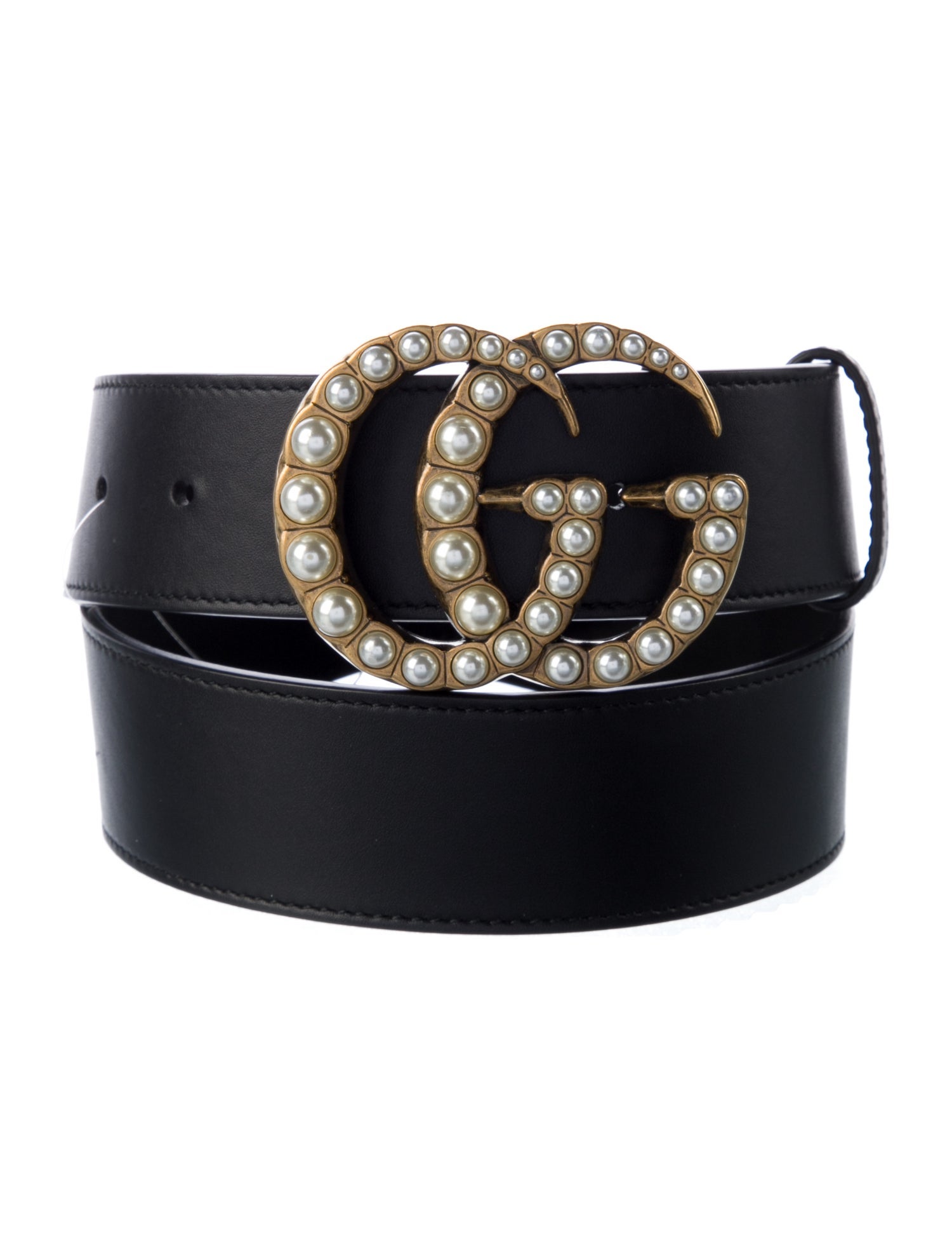 Gucci Faux Pearl Accents Leather Belt
