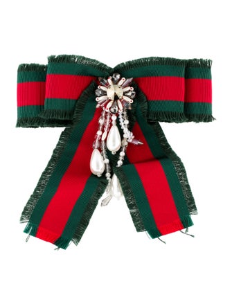 Gucci Faux Pearl, Crystal & Grosgrain Bow Brooch