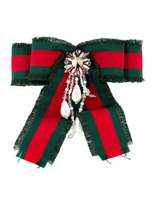 Gucci Faux Pearl, Crystal & Grosgrain Bow Brooch