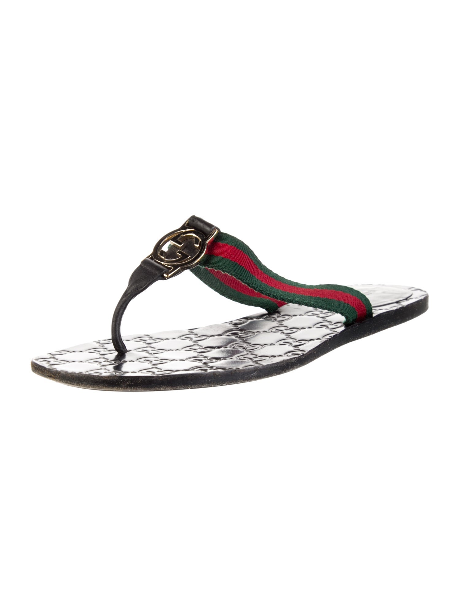 Gucci Web Accent Leather T-Strap Sandals