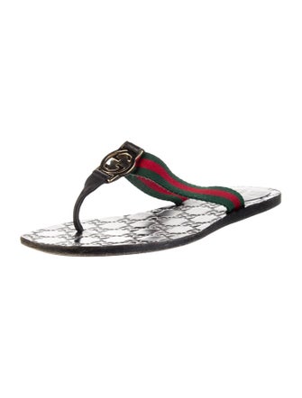 Gucci Web Accent Leather T-Strap Sandals