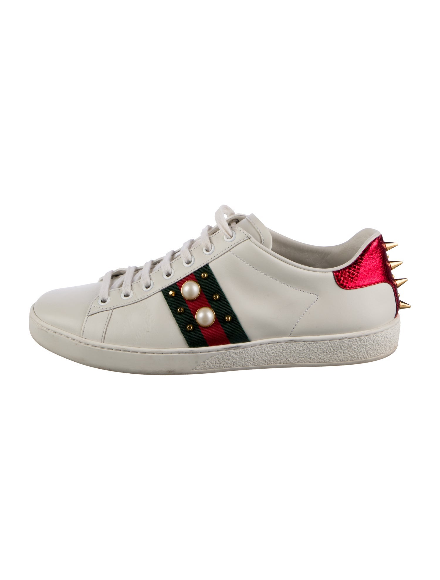 Gucci Faux Pearl Accents Leather Sneakers