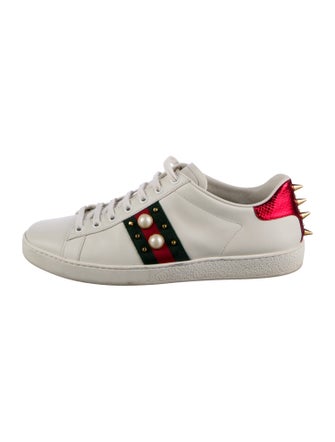Gucci Faux Pearl Accents Leather Sneakers
