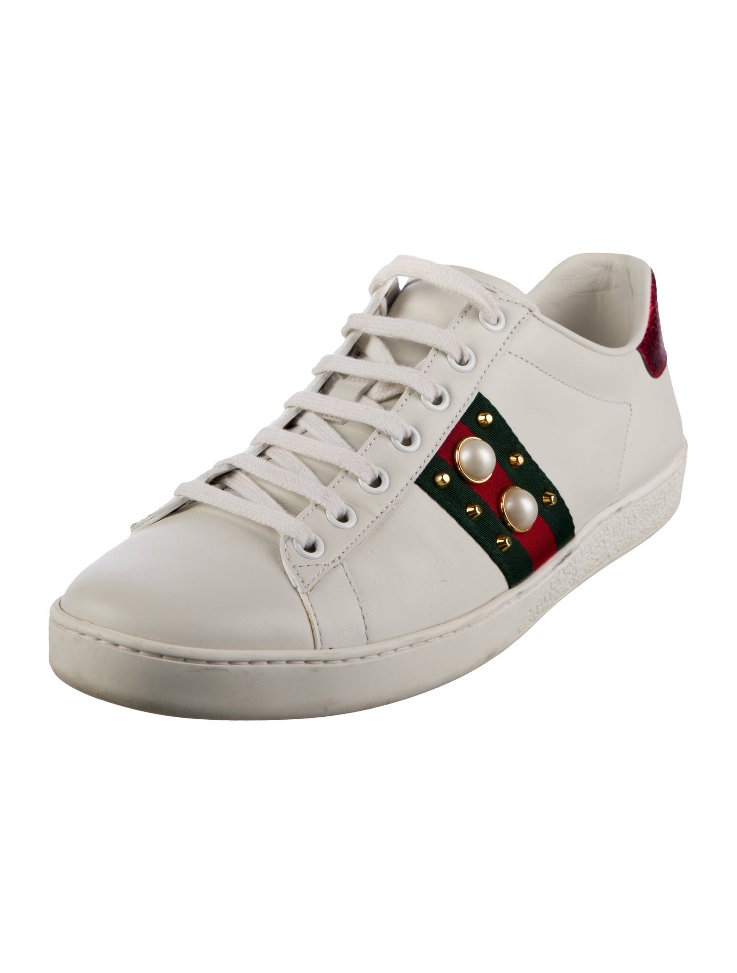 Gucci Faux Pearl Accents Leather Sneakers