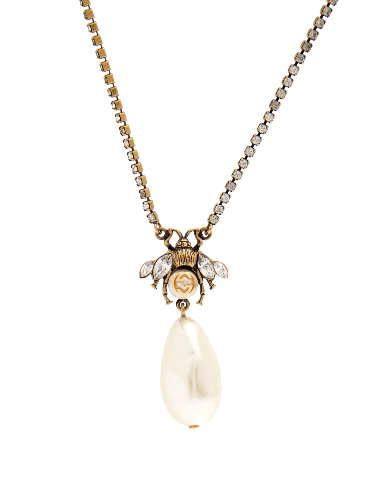 Gucci Faux Pearl & Crystal Bee Pendant Necklace