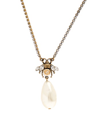 Gucci Faux Pearl & Crystal Bee Pendant Necklace