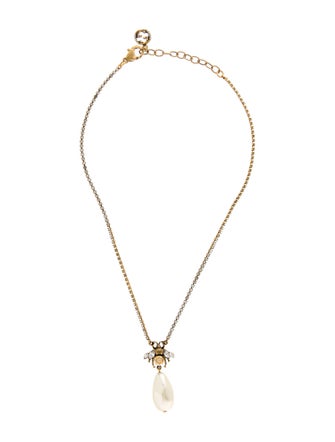 Gucci Faux Pearl & Crystal Bee Pendant Necklace
