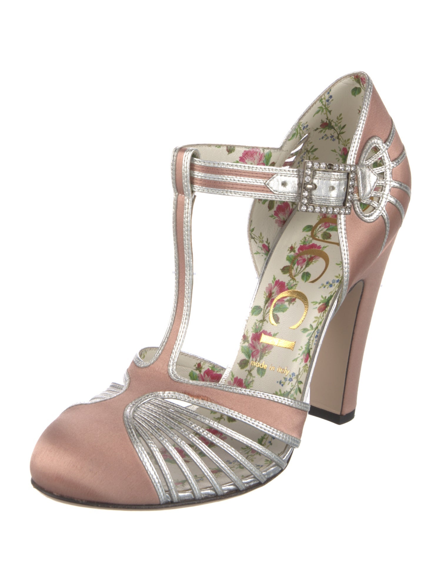 Gucci Satin Colorblock Pattern T-Strap Pumps