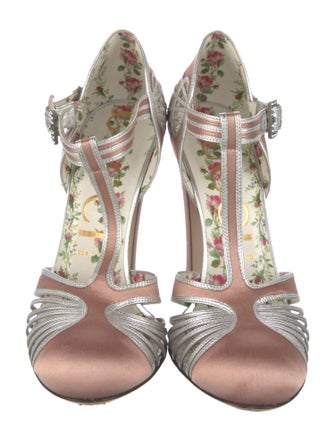 Gucci Satin Colorblock Pattern T-Strap Pumps