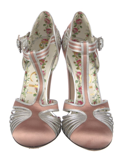 Gucci Satin Colorblock Pattern T-Strap Pumps