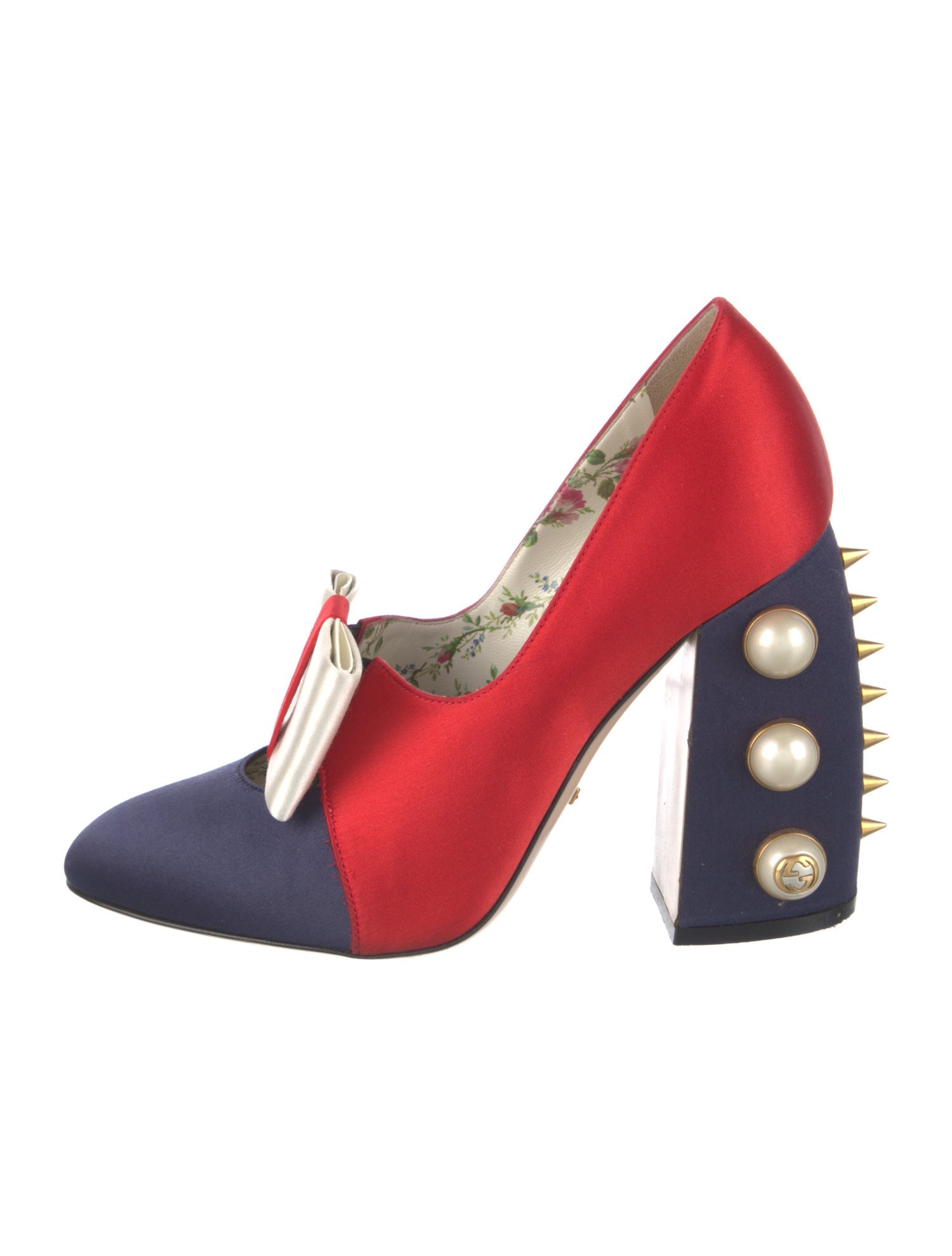 Gucci Faux Pearl Accents Satin Pumps