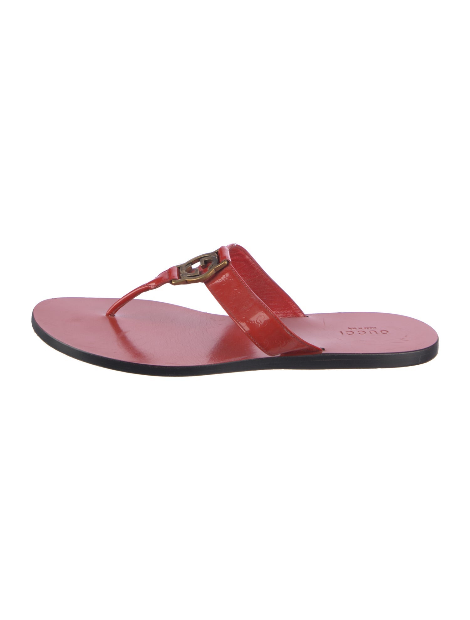 Gucci Microguccissima Pattern Patent Leather T-Strap Sandals