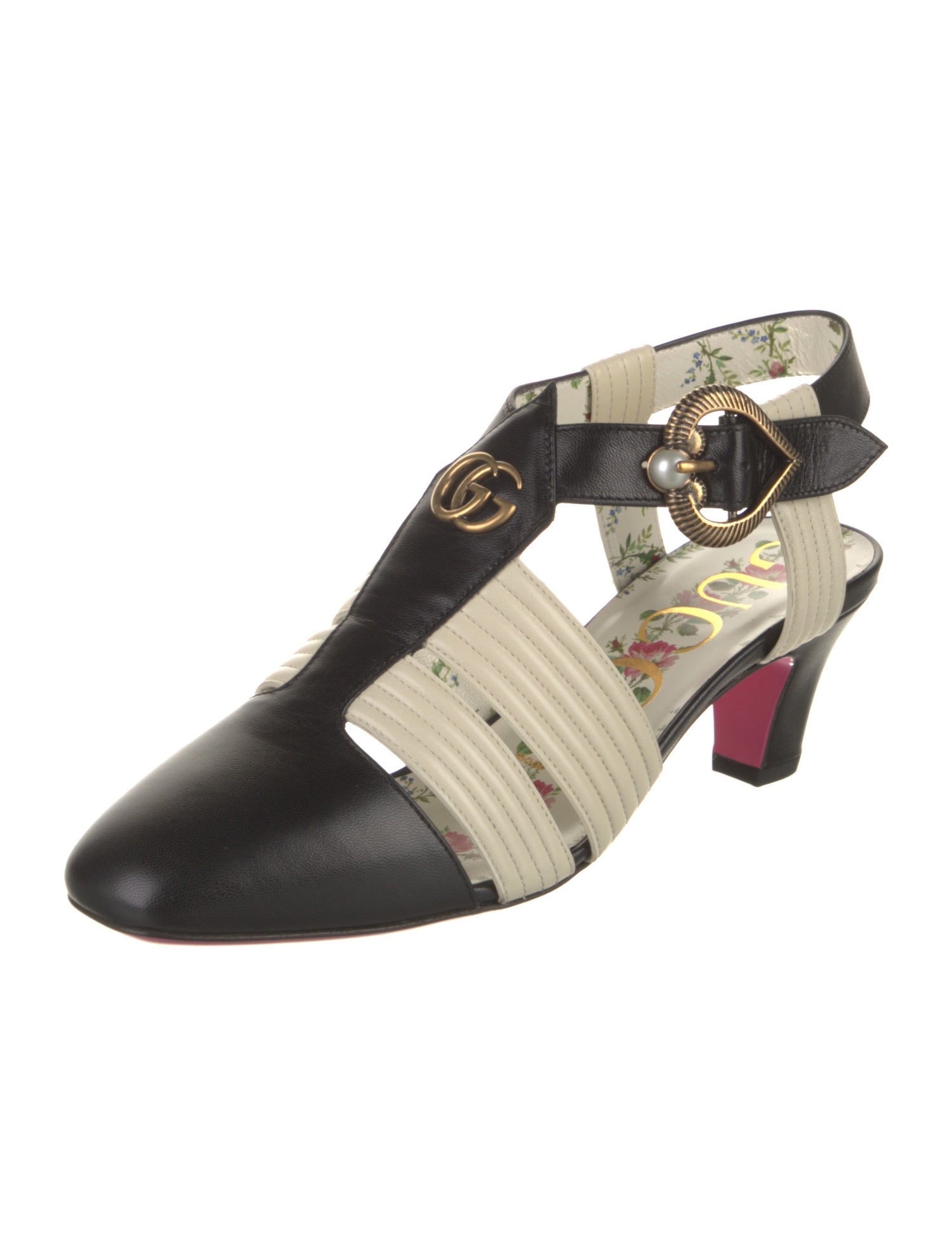 Gucci Faux Pearl Accents Leather T-Strap Pumps