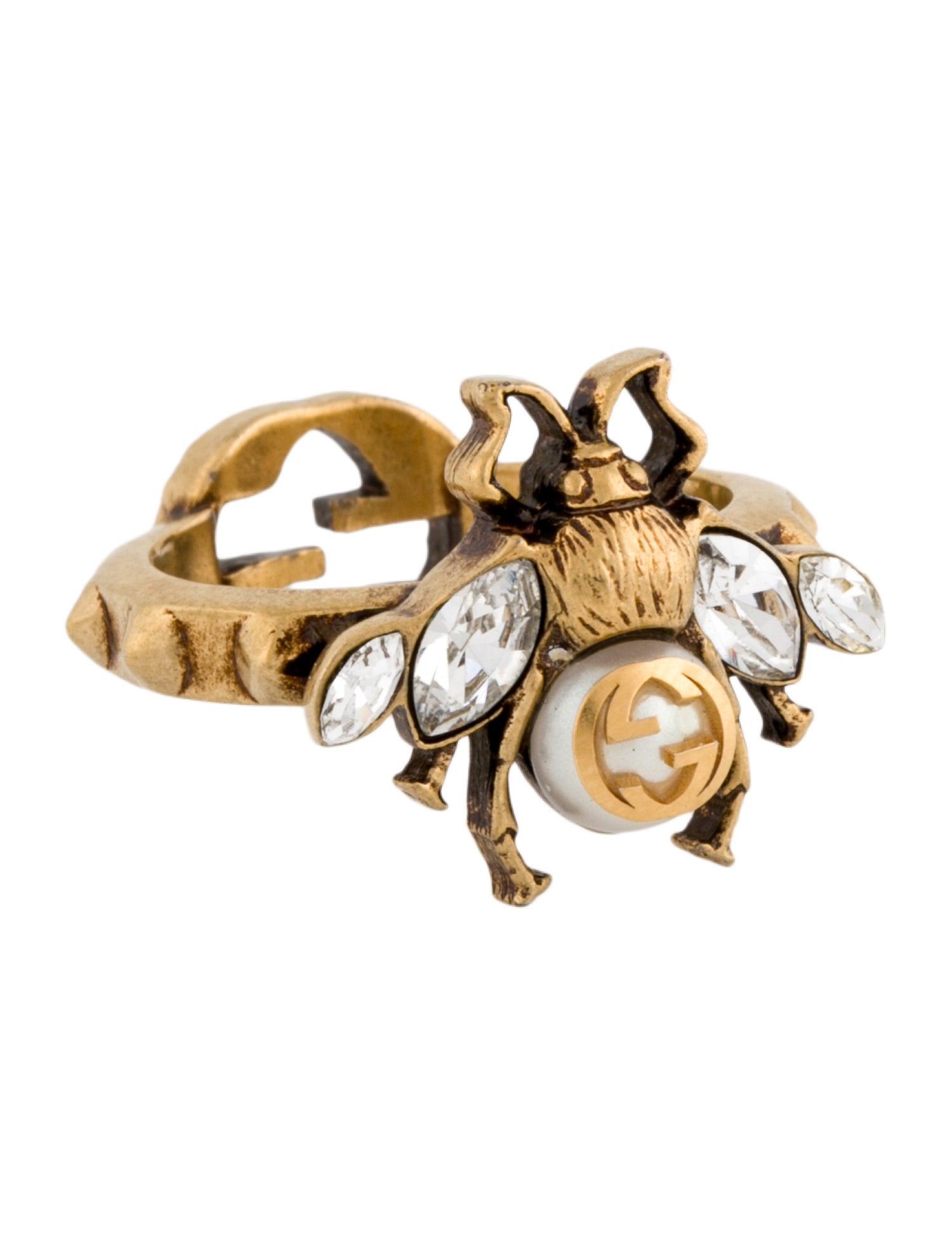 Gucci Faux Pearl & Crystal Double G Bee Ring