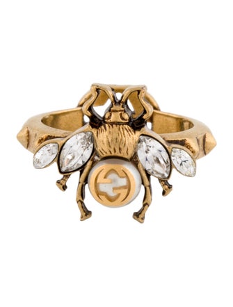 Gucci Faux Pearl & Crystal Double G Bee Ring