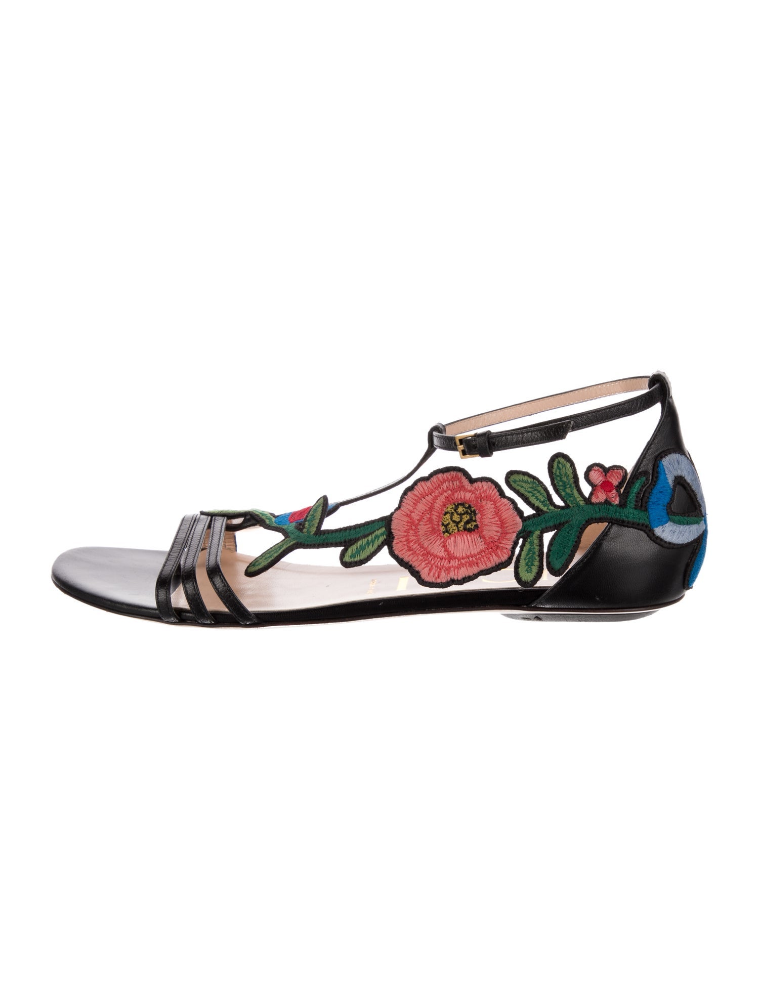 Gucci Leather Embroidered Accent T-Strap Sandals