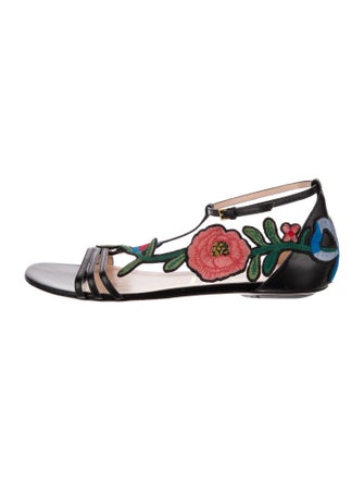 Gucci Leather Embroidered Accent T-Strap Sandals