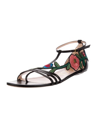 Gucci Leather Embroidered Accent T-Strap Sandals