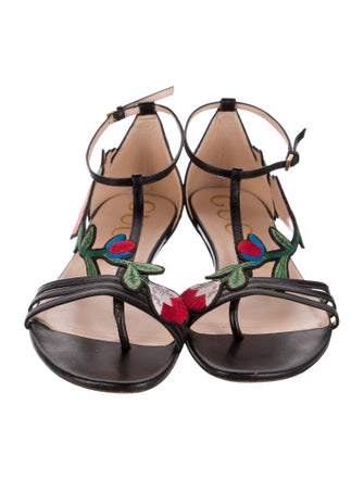 Gucci Leather Embroidered Accent T-Strap Sandals