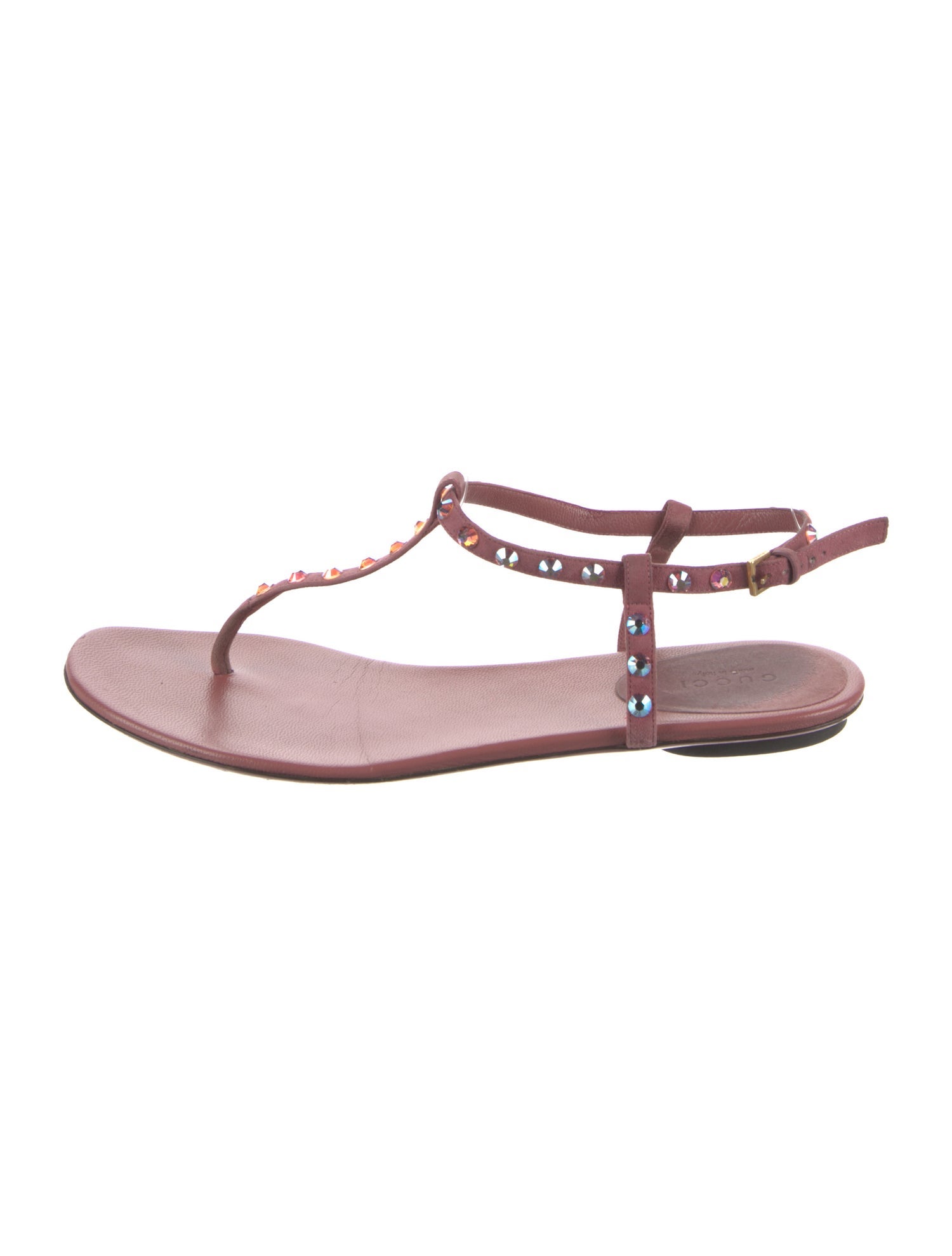 Gucci Leather Crystal Embellishments T-Strap Sandals