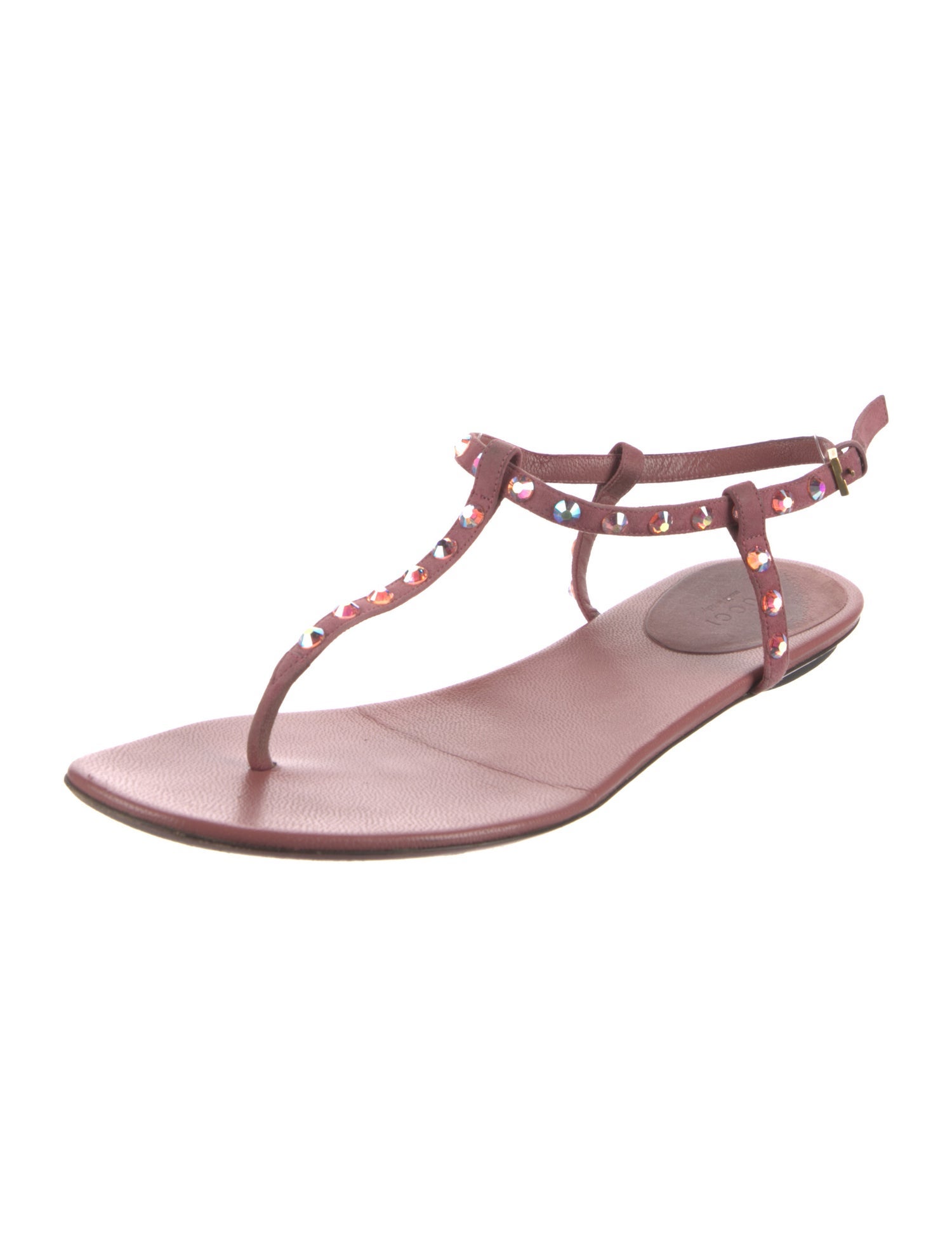 Gucci Leather Crystal Embellishments T-Strap Sandals