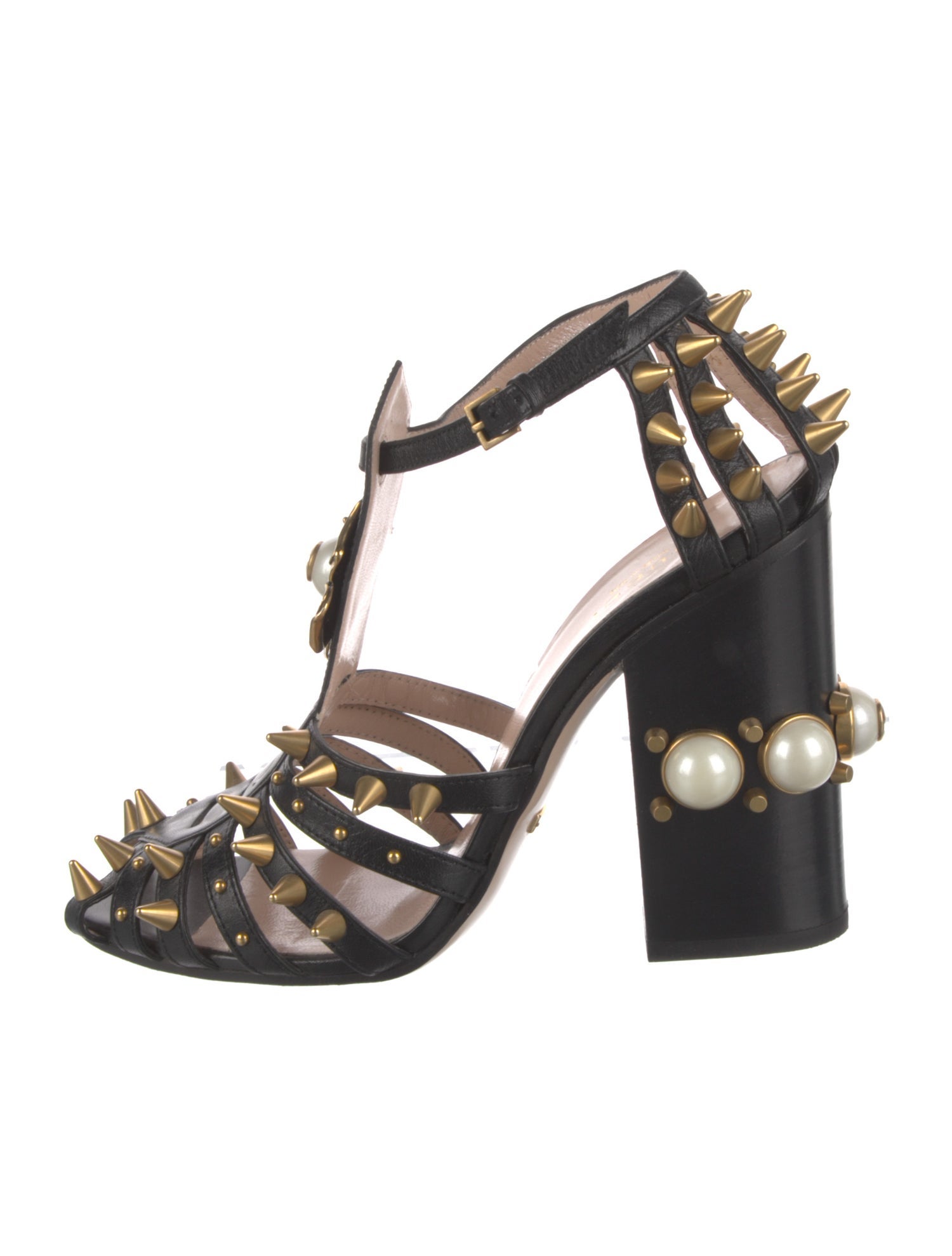 Gucci Faux Pearl Accents Leather T-Strap Pumps