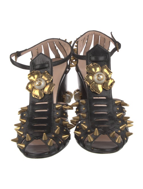 Gucci Faux Pearl Accents Leather T-Strap Pumps