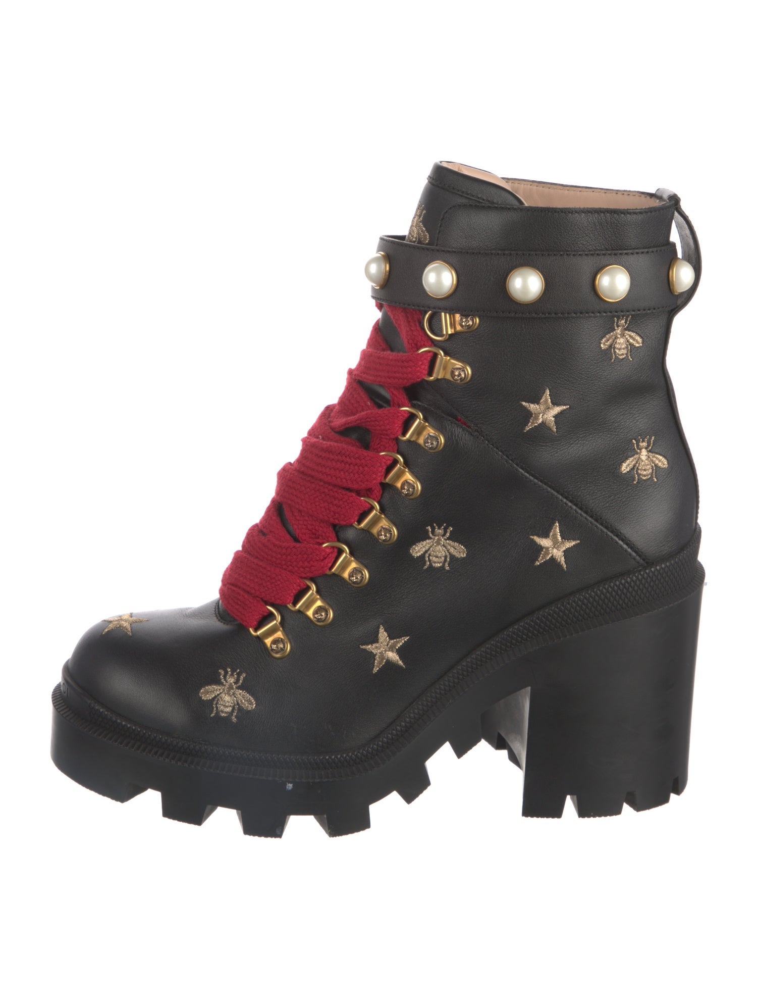 Gucci Faux Pearl Accents Leather Combat Boots