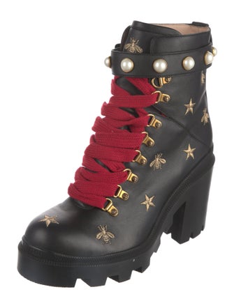 Gucci Faux Pearl Accents Leather Combat Boots