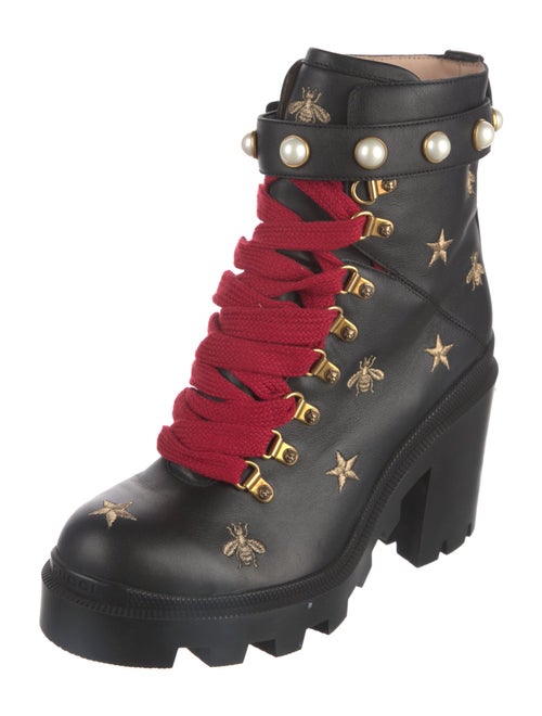 Gucci Faux Pearl Accents Leather Combat Boots