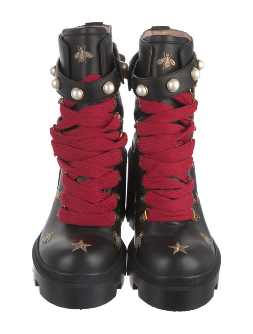 Gucci Faux Pearl Accents Leather Combat Boots