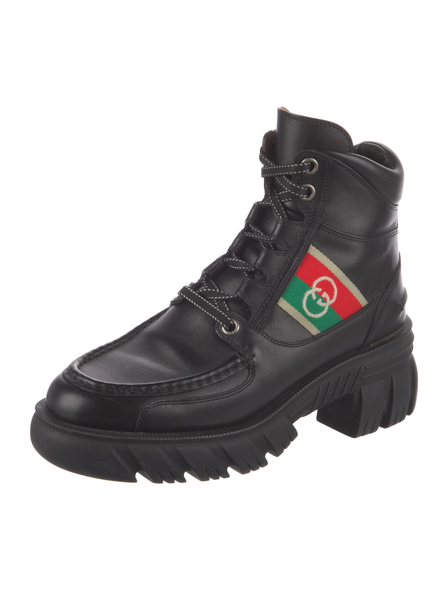 Gucci Web Accent Leather Combat Boots
