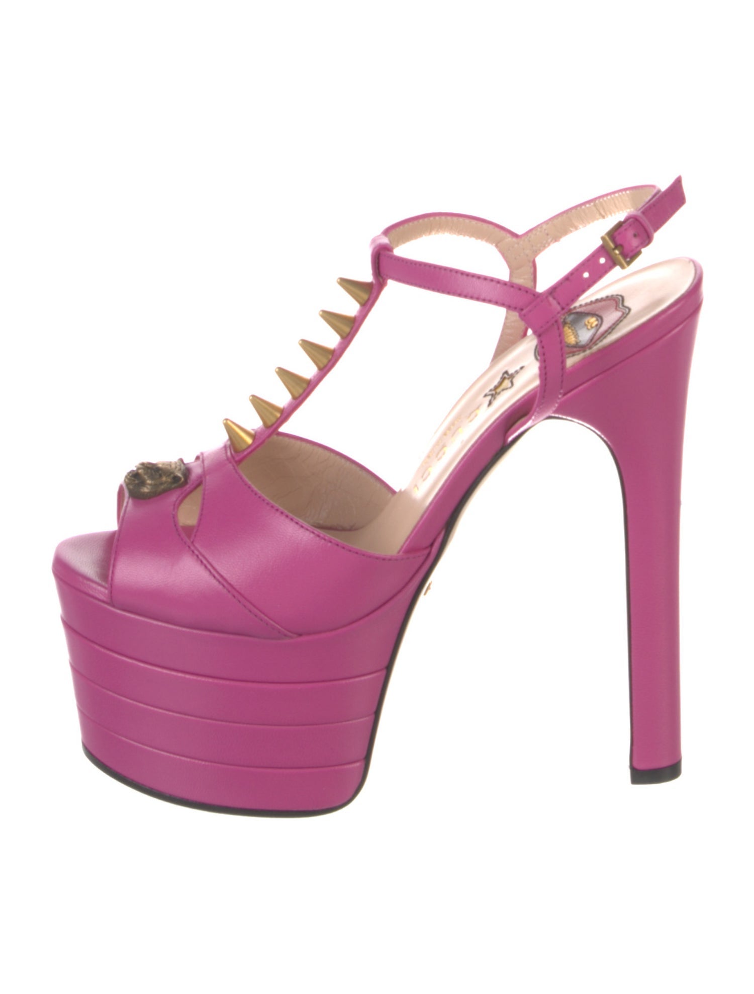 Gucci Feline Head Accent Leather T-Strap Pumps