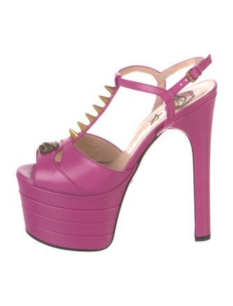 Gucci Feline Head Accent Leather T-Strap Pumps