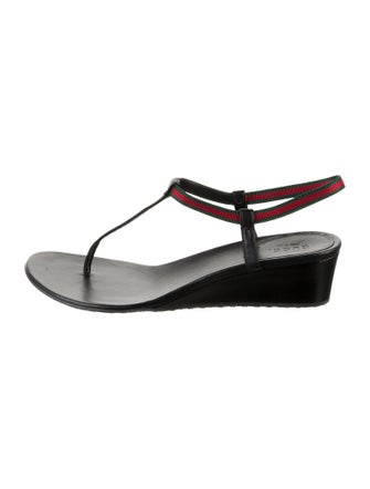 Gucci Web Accent Leather T-Strap Sandals
