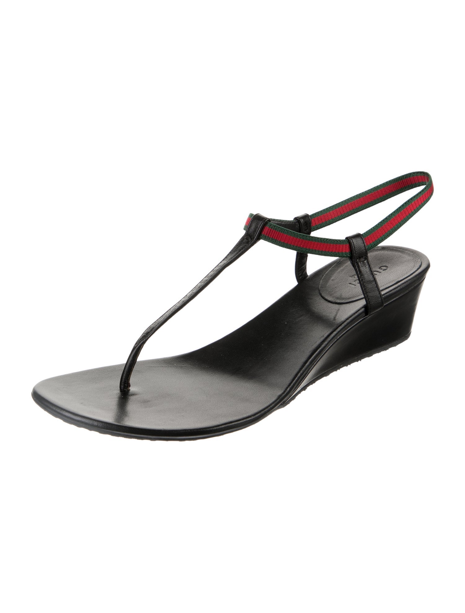 Gucci Web Accent Leather T-Strap Sandals