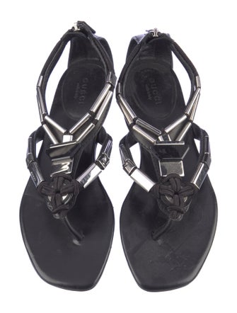Gucci Leather Beaded Accents T-Strap Sandals