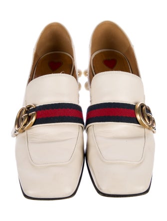 Gucci Faux Pearl Accents Leather Loafers