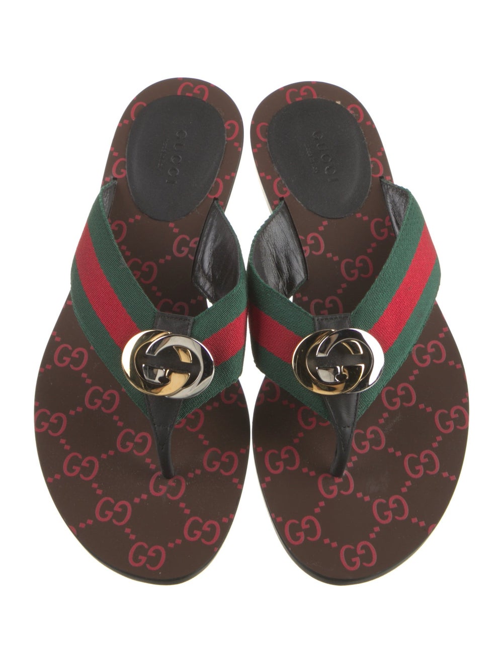 Gucci Canvas Slides Green Colorblock Pattern Leat… - image 3