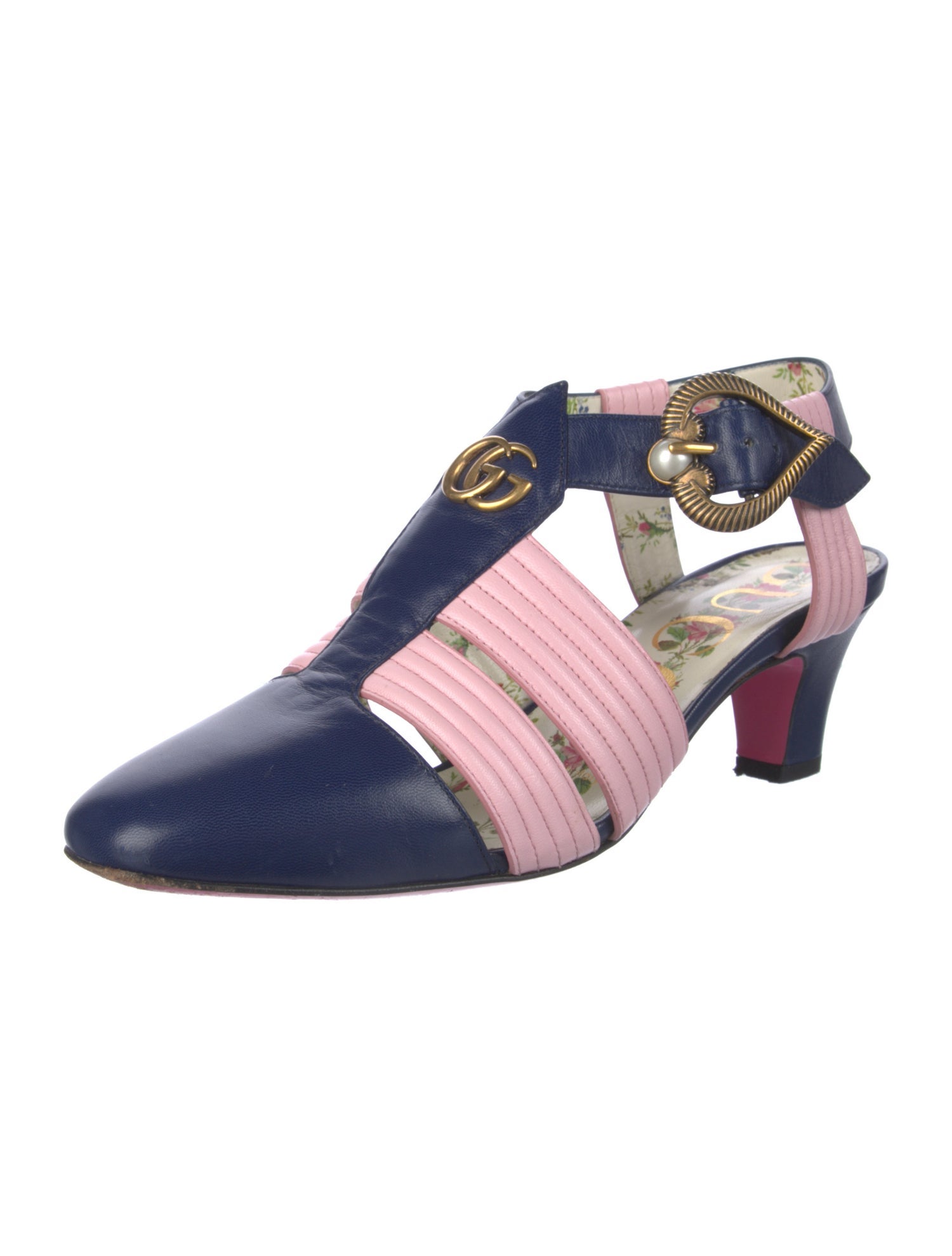 Gucci Faux Pearl Accents Leather T-Strap Pumps