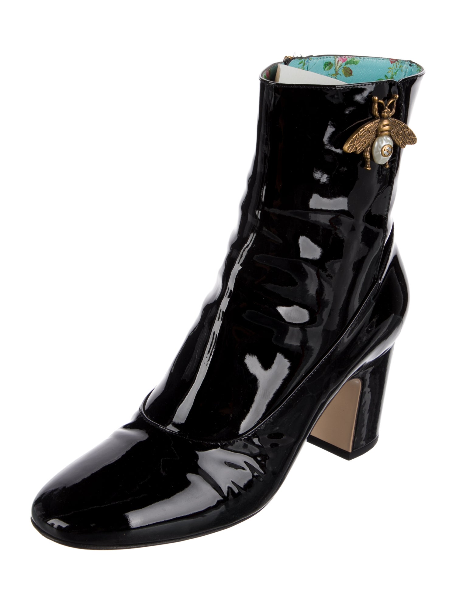 Gucci Faux Pearl Accents Patent Leather Boots