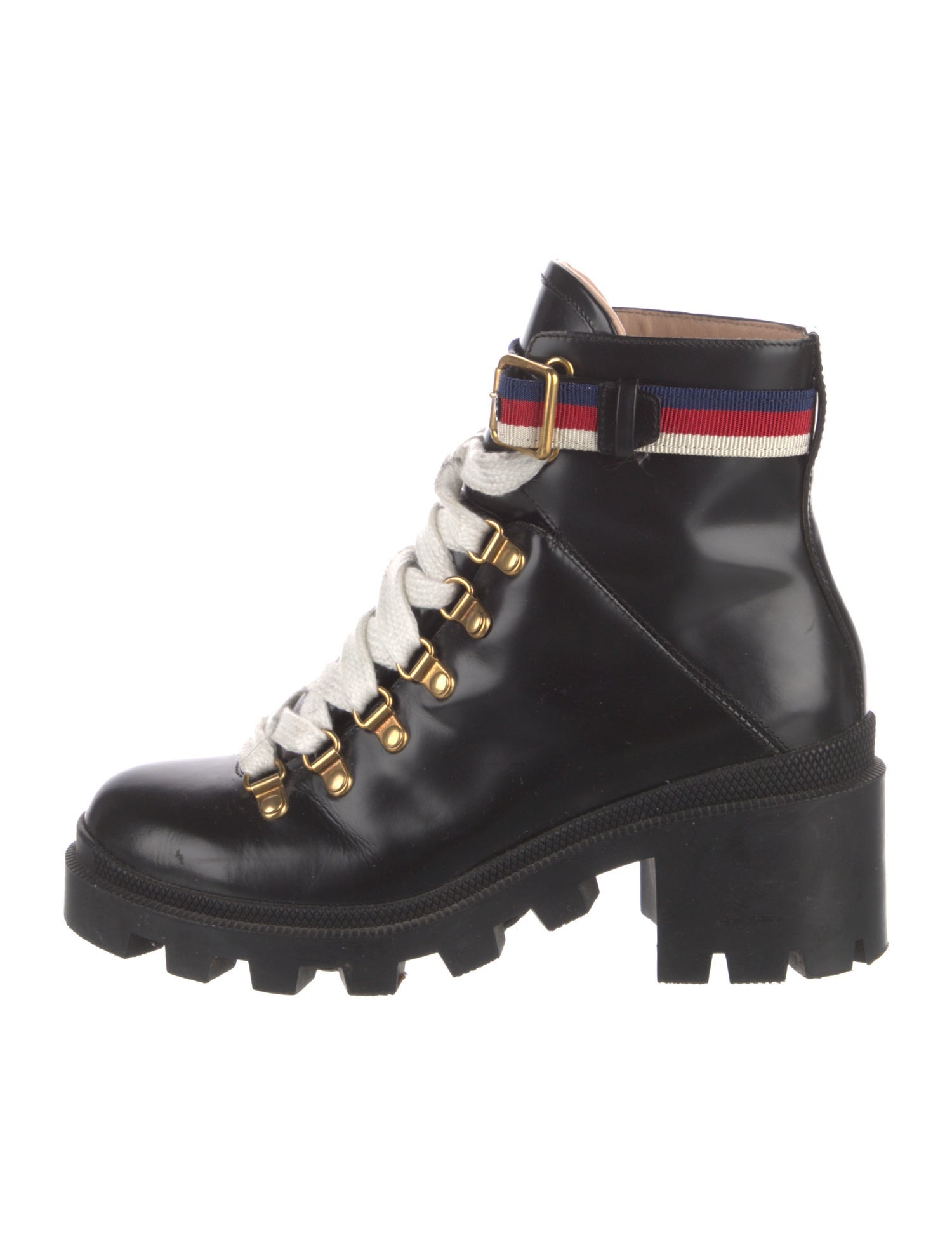 Gucci Sylvie Web Accent Patent Leather Combat Boots