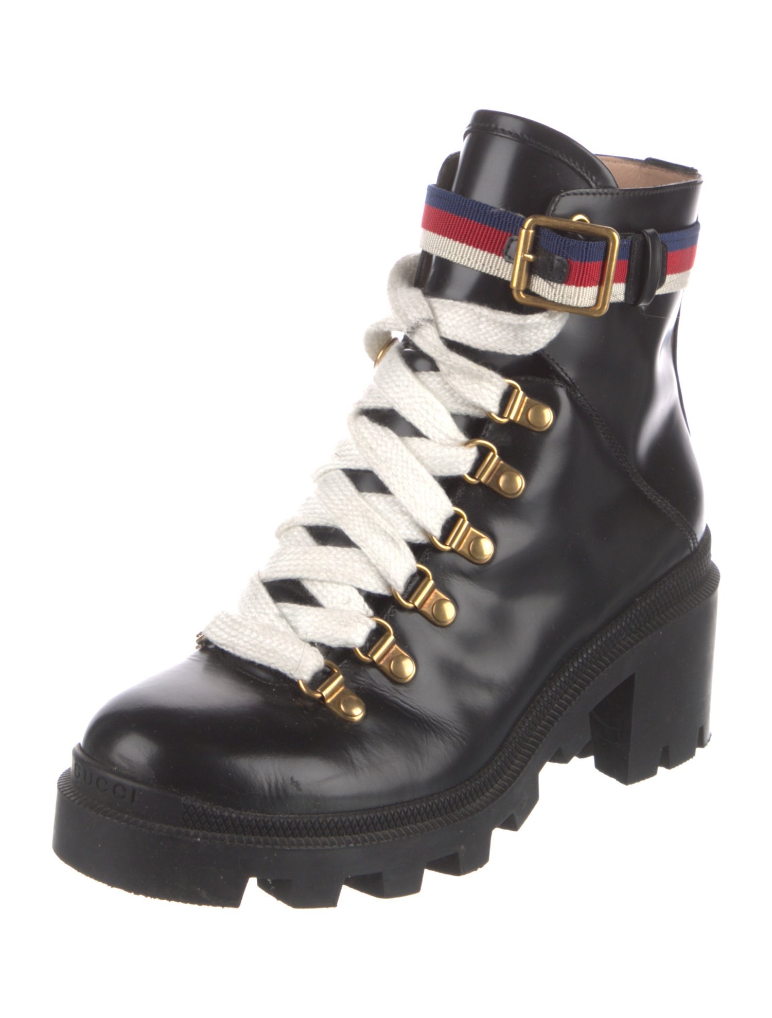 Gucci Sylvie Web Accent Patent Leather Combat Boots