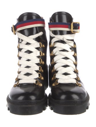 Gucci Sylvie Web Accent Patent Leather Combat Boots