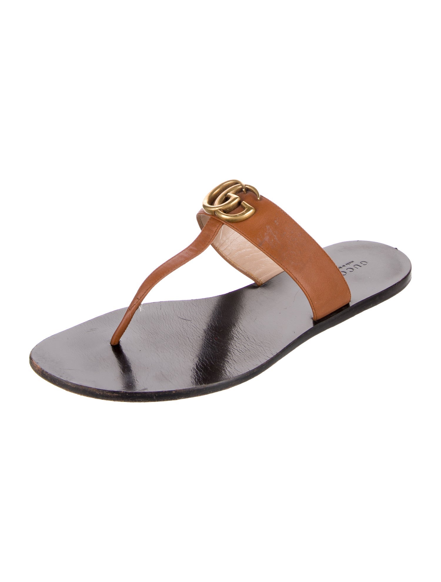Gucci Double G Logo Leather T-Strap Sandals