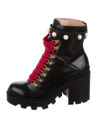 Gucci Faux Pearl Accents Leather Combat Boots