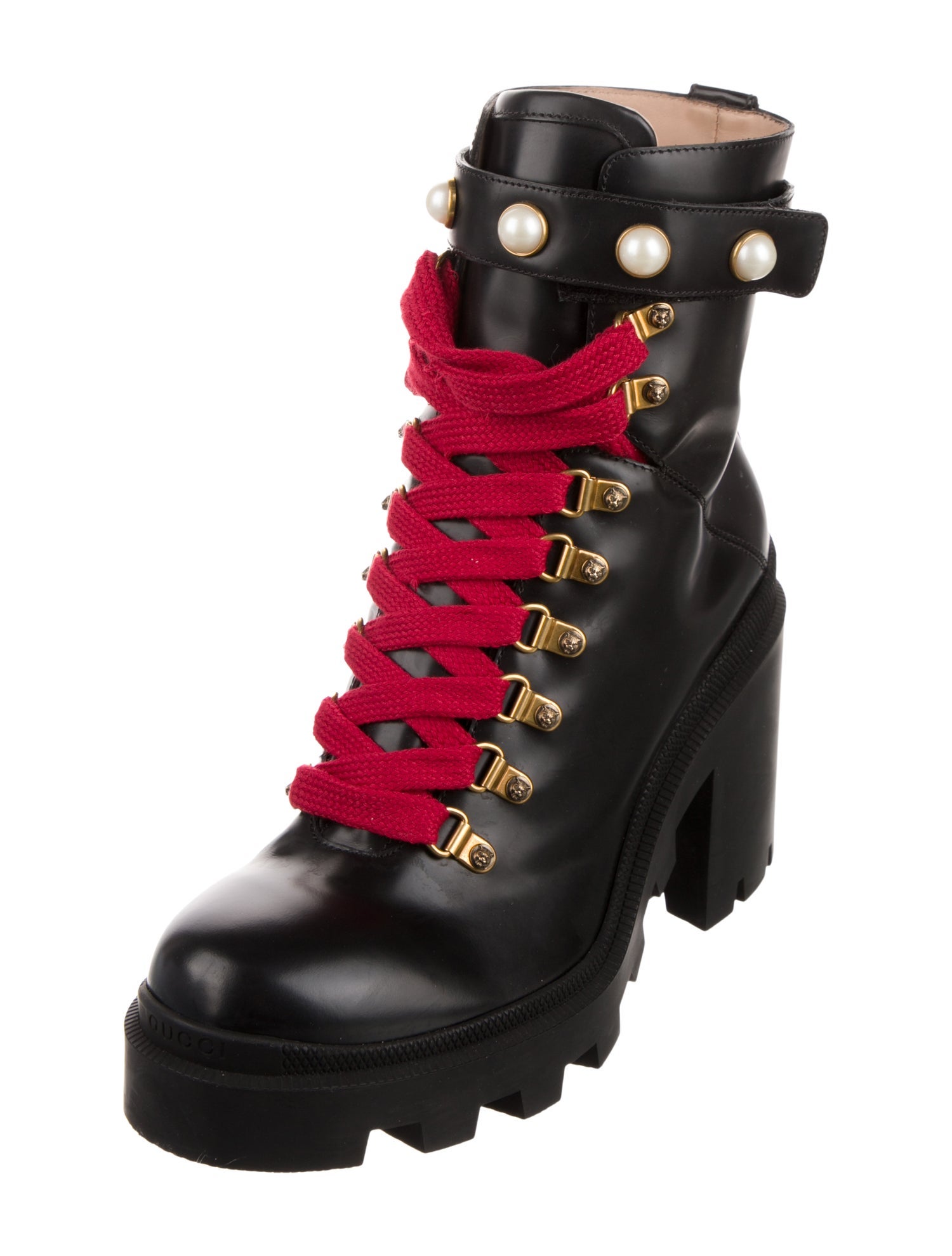 Gucci Faux Pearl Accents Leather Combat Boots